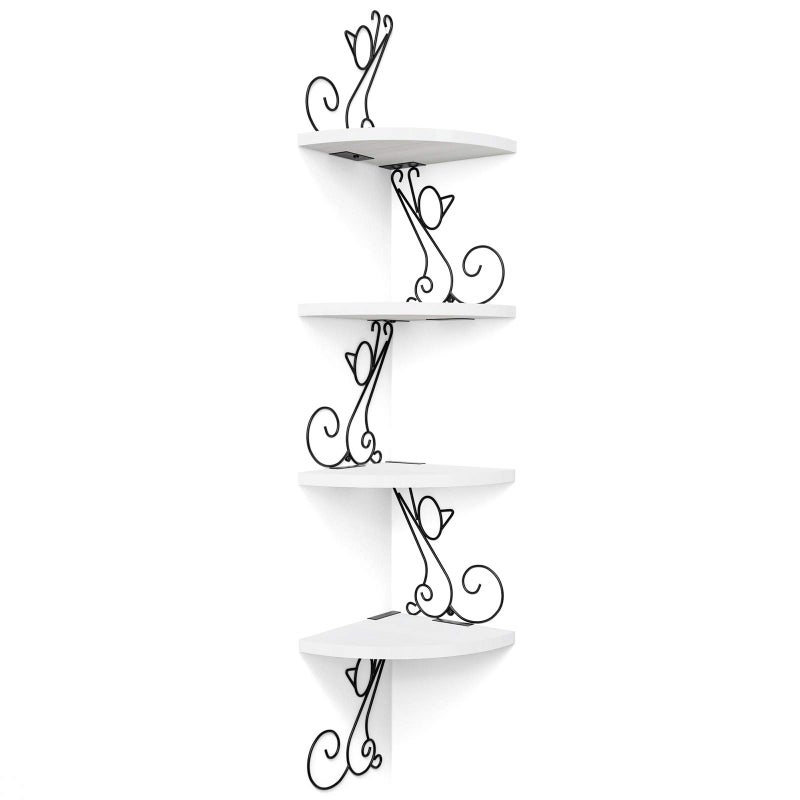 Alsonerbay Floating Corner Wood Shelves, 4 Tier Wall Mounted Rustic Storage Shelf, Cat Shaped Shelving for Wall, Solid Wooden Decor for Living Room, Bedroom, Kitchen, Bathroom, Office White - Image 1